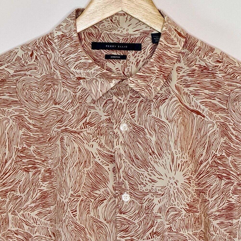 PERRY ELLIS Stretch Button-Up Shirt Mens XL Abstract Red White Floral Print Boho